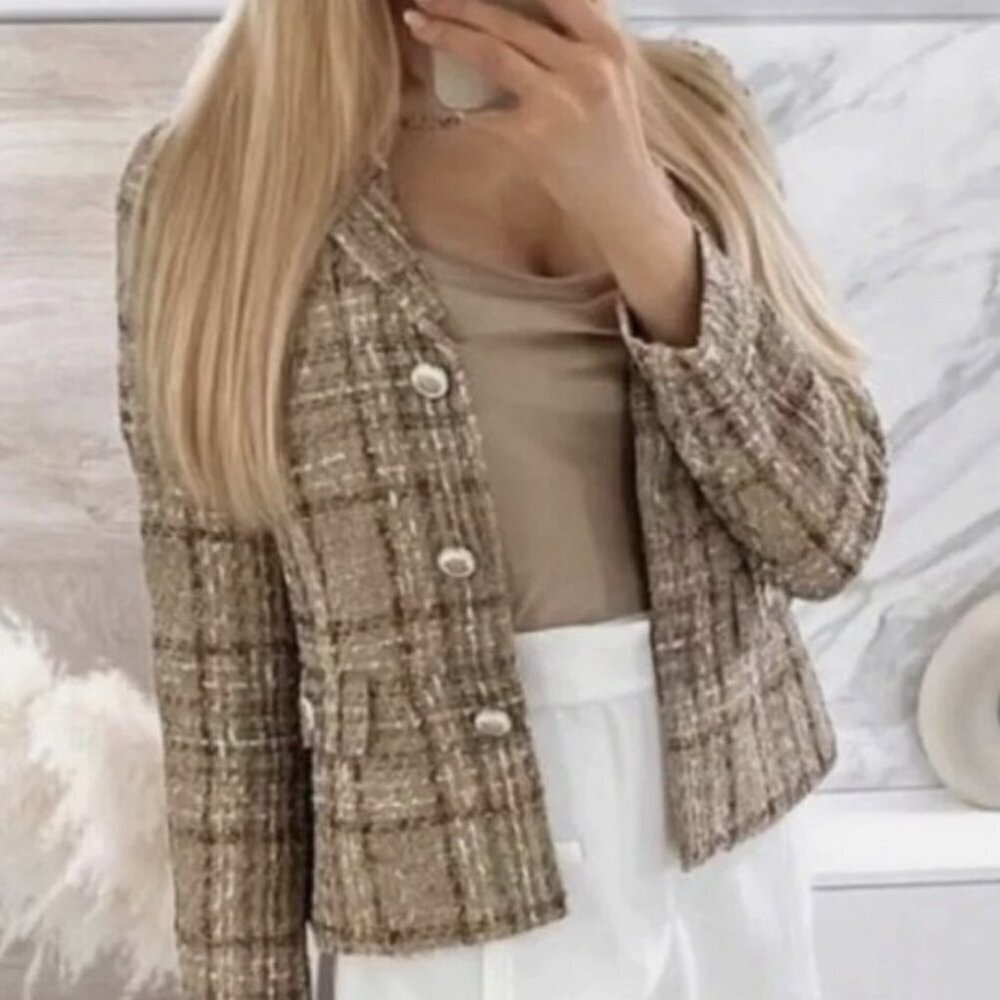 ZARA WOMEN FITTED CROPPED TEXTURED BLAZER Weave Tweed SIZE S 2402/776 /330